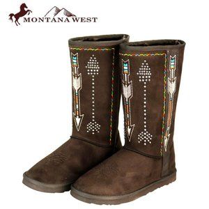 MONTANA WEST Brown Southwest Embroidered Faux Suede Shearling Boots NWT 6-10